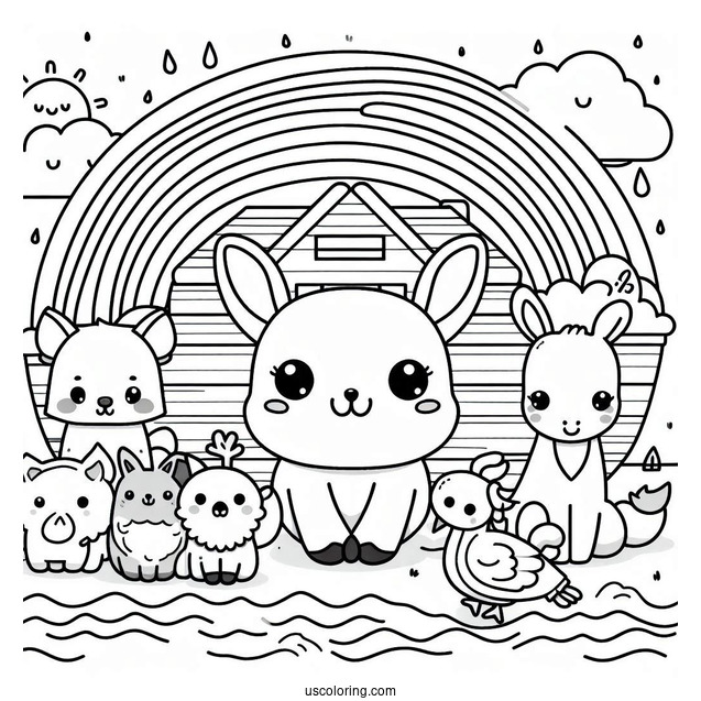 Kawaii Animals On Noah's Ark Coloring Page With Rainbow