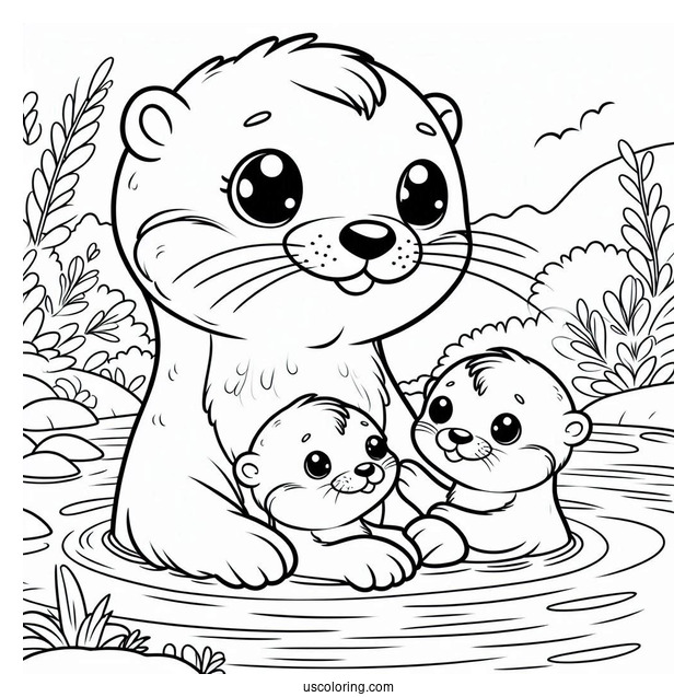 Mama And Papa Otter Coloring Page With Babies Floating On River