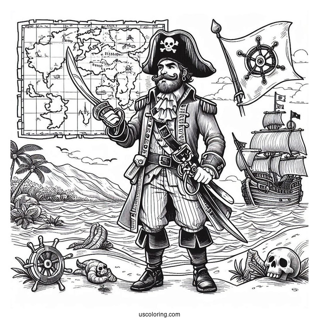 Realistic Pirate Coloring Page Map