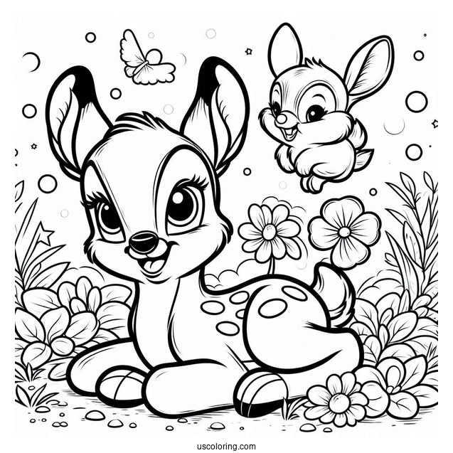 Coloring Sheet Of Bambi With Thumper And Flower