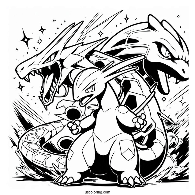Kyogre Fighting With Groudon And Rayquaza Coloring Page