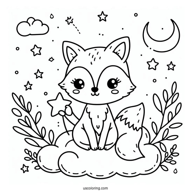 Lovely Fox Coloring Page Holding A Star On A Cloud For Preschoolers
