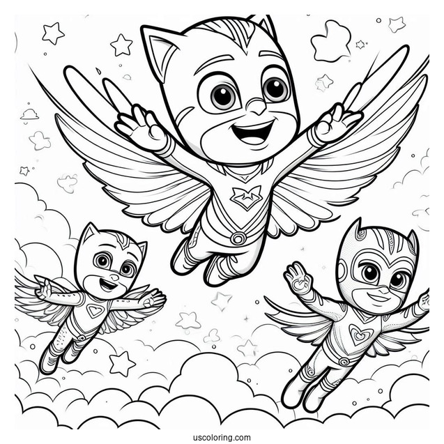 PJ Masks Coloring Page Of Catboy, Gekko, And Oweltte Flying In The Sky