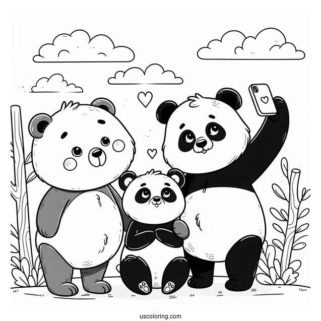 Cartoon Bear Coloring Page Taking Selfie With Panda And Polar Bear