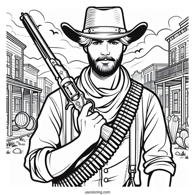 Cowboy Coloring Page Holding Gun In Old West Town