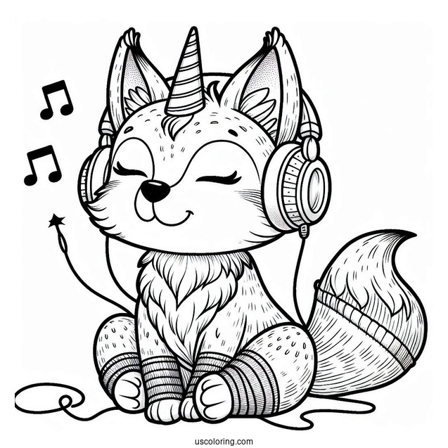 Fox Listening To Music With His Headphones Coloring Sheet