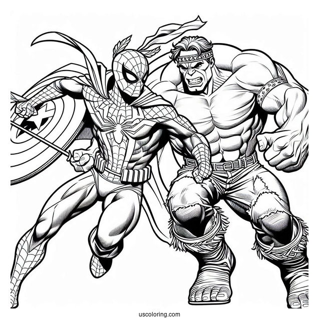 Spider Man Fighting Alongside Hulk Coloring Page For Kids