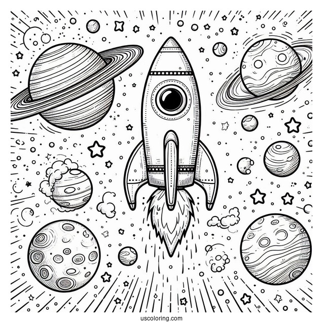 Rocket Taking Off Into Space With Planets To Color