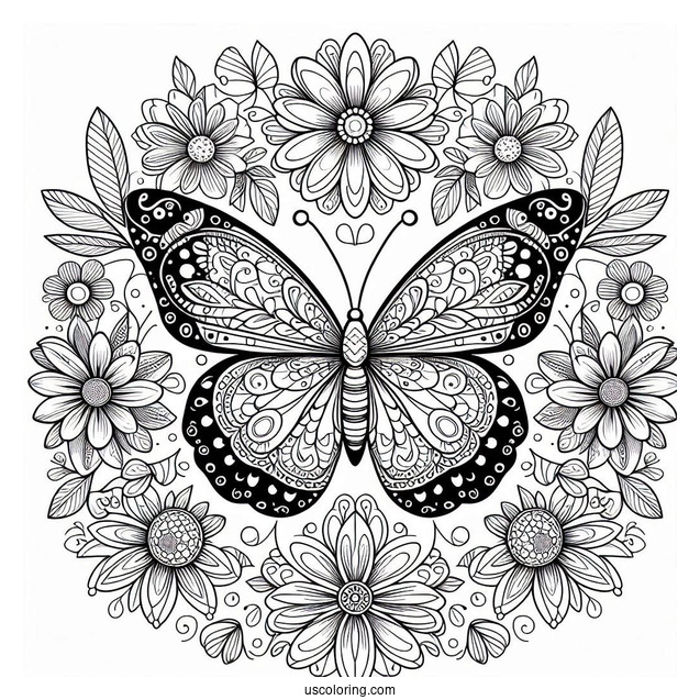 Butterfly Coloring Page On Pretty Flowers Inside A Floral Mandala
