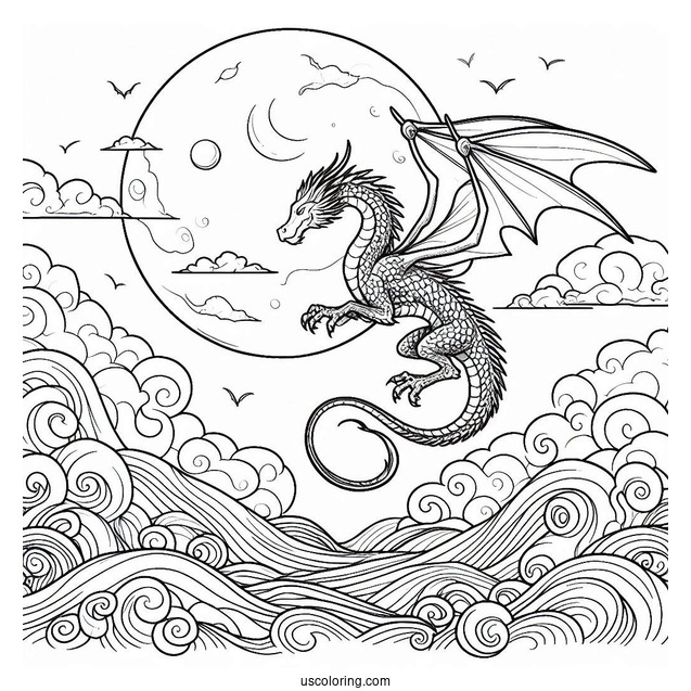 Dragon Flying In A Cloudy Sky Coloring Page