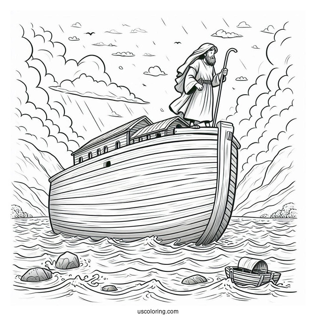 Noah's Ark Coloring Page Of Standing On Top Of Ark After The Flood