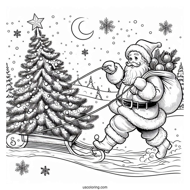 Santa Claus Hauling a Christmas Tree In The Snow