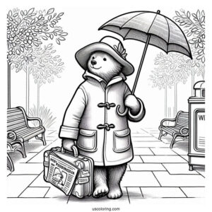Paddington Coloring Page Carrying His Suitcase, Umbrella, And Newspapers While Walking On The Sidewalk