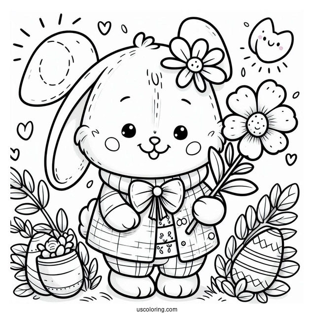 Adorable Easter Coloring Page Of Bunny Holding A Flower For Kids