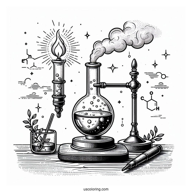 Science Coloring Page Of Volumetric Flask Being Heated On Stand Above Alcohol Lamp