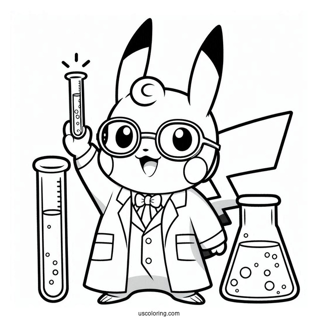 Science Coloring Page Of Scientist Pikachu Holding Up A Test Tube For Kids