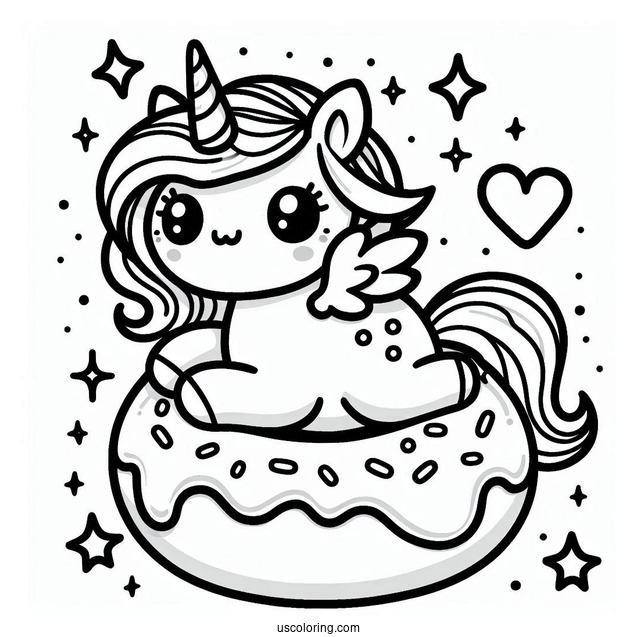 Kawaii Unicorn On A Donut Coloring Page