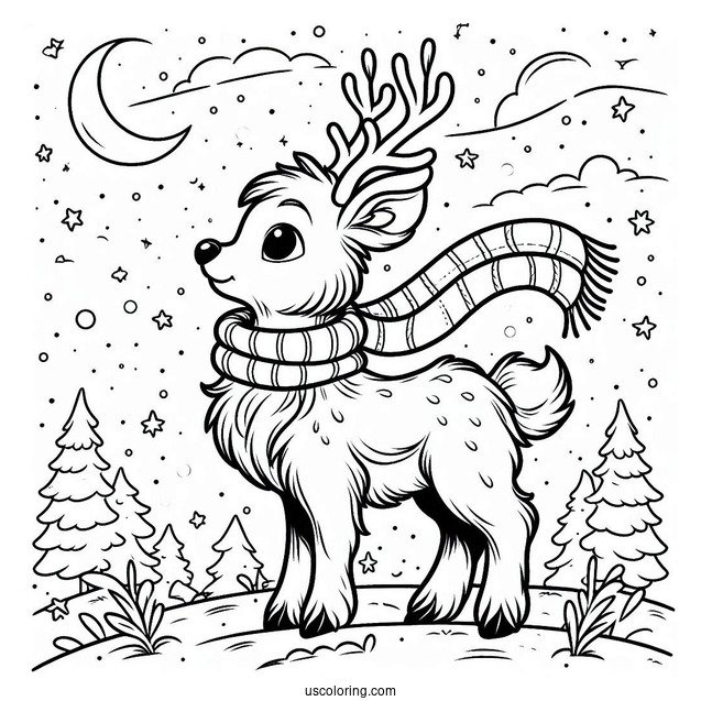 Furry Rudolph Coloring Page Wearing A Scarf Under The Night Sky