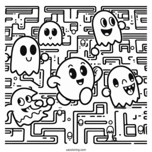 Inky, Blinky, Pinky, And Clyde Ghosts Chasing Pac-Man Coloring Page In Maze