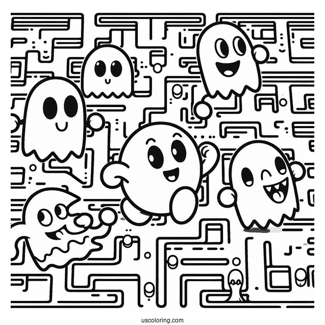 Inky, Blinky, Pinky, And Clyde Ghosts Chasing Pac-Man Coloring Page In Maze