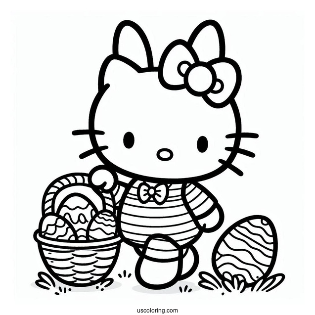 Hello Kitty In Easter Bunny Coloring Page Costume Carrying Basket Of Eggs