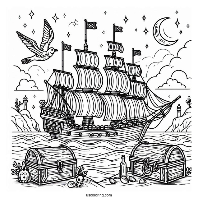 Simple Pirate Ship Coloring Page At Sea With Treasure Chests For Kids
