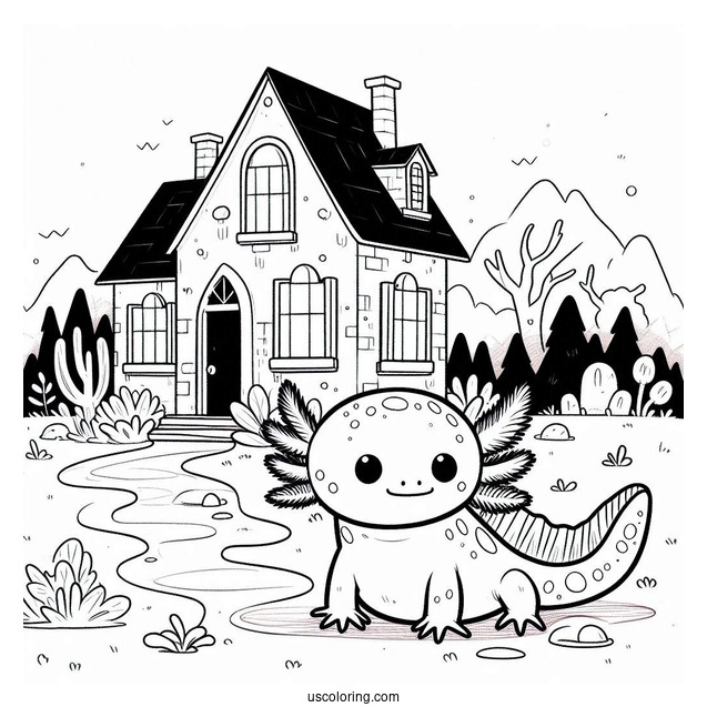 Sad Axolotl Coloring Page Outside A Haunted House