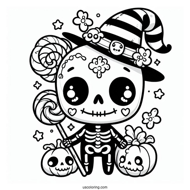 Spooky Chibi Skeleton Coloring Page In Halloween