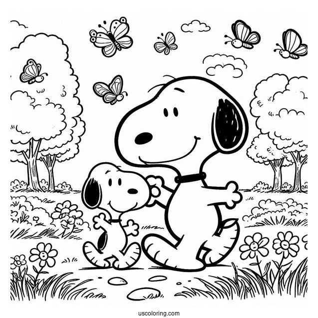 Snoopy Walking In Park With Butterflies