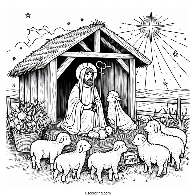 Nativity Coloring Page of Jesus In a Stable And Sheep