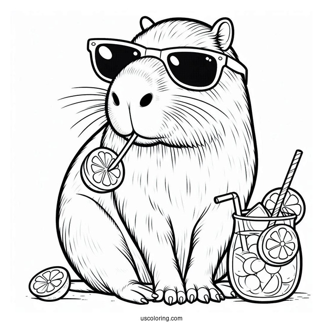 Capybara Coloring Page Wearing Sunglasses And Drinking Lemonade