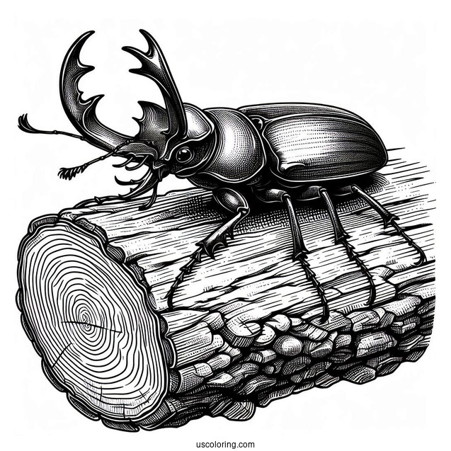 Realistic Stag Beetle Coloring Page On Log