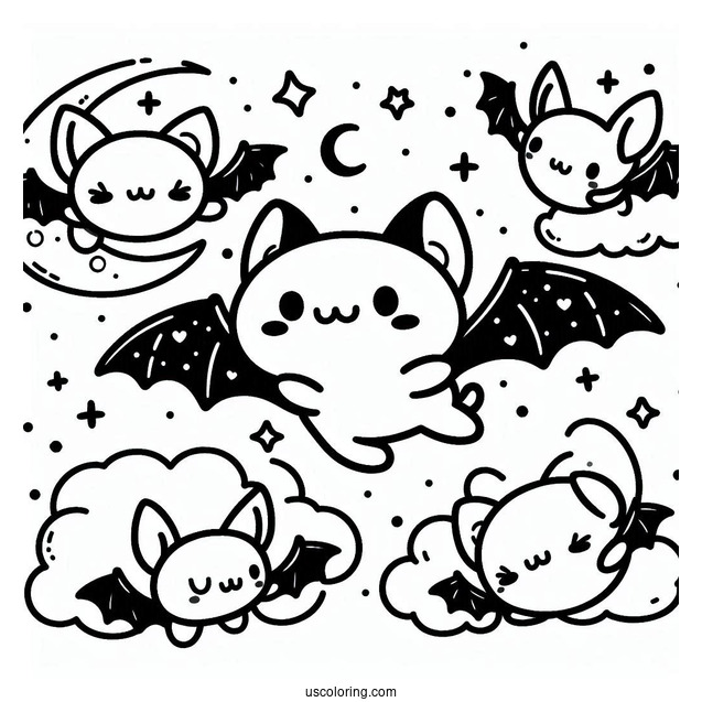 Kawaii Bat Coloring Page Flying For Preschoolers