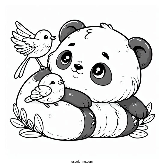Tiny Bird Sitting On Baby Panda Coloring Page Head