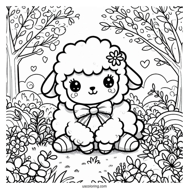 Kawaii Sheep With A Bow Sitting In The Middle Of A Garden In Spring