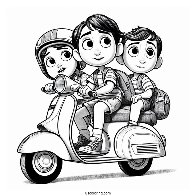 Pixar Coloring Page of Luca, Alberto, And Guila Riding Scooter