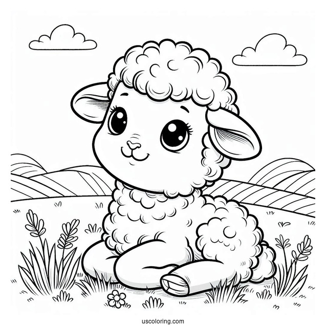 Happy Baby Lamb Sitting In Field Coloring