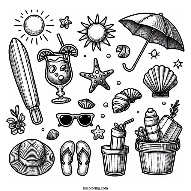 Summer Coloring Page Surf Board, Goggles, Popsicle, Hat, Seashell, Bucket, Drink, Sun, And Umbrella