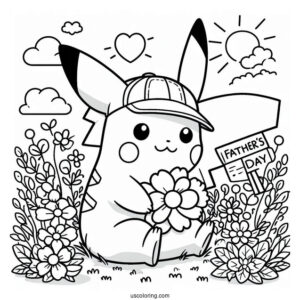 Pikachu Sitting On A Flower Field With A Father's Day Coloring Page Of Sign