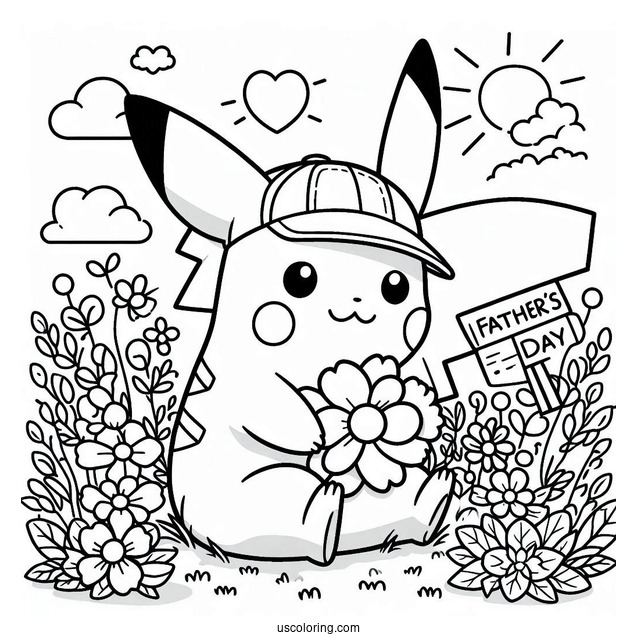 Pikachu Sitting On A Flower Field With A Father's Day Coloring Page Of Sign