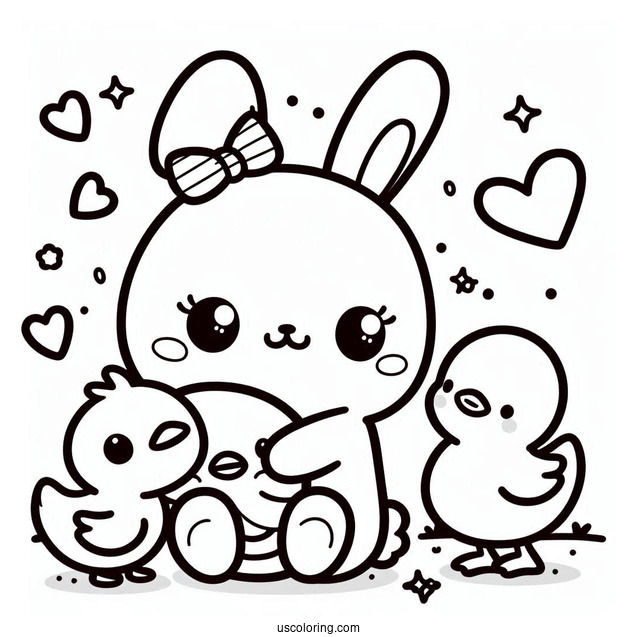 Kawaii Rabbit Hugging A Duckling Coloring Page
