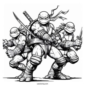 Ninja Turtles Coloring Page Of Leonardo, Donatello, Michelangelo, And Raphael In Fighting Mode