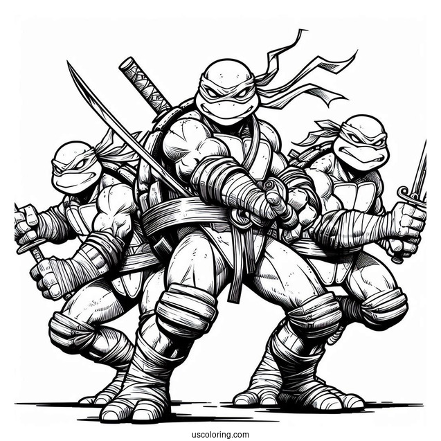 Ninja Turtles Coloring Page Of Leonardo, Donatello, Michelangelo, And Raphael In Fighting Mode
