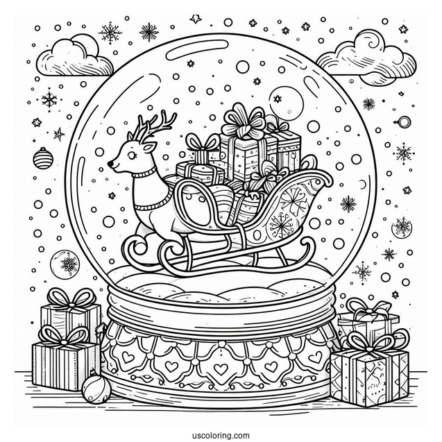 Grand Sleigh With Presents Snow Globe Coloring Page