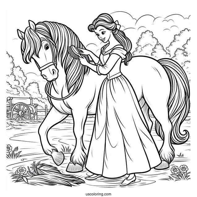Belle Brushing Her Horse Phillipe To Color