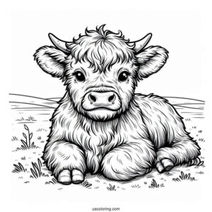Baby Highland Cow Resting In Field Coloring In