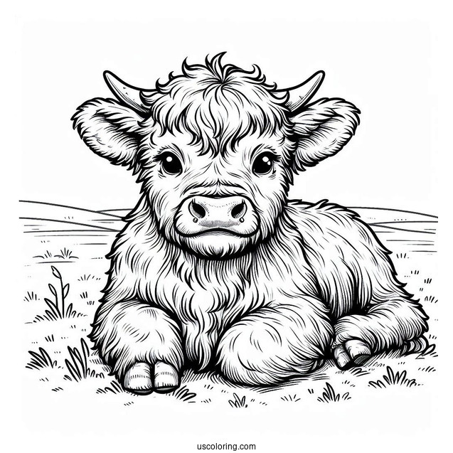 Baby Highland Cow Resting In Field Coloring In