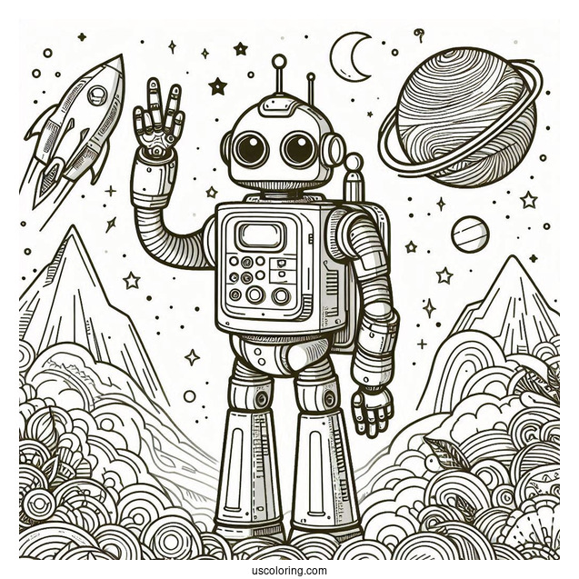 Easy Sci Fi Robot Waving Coloring Page For Kids