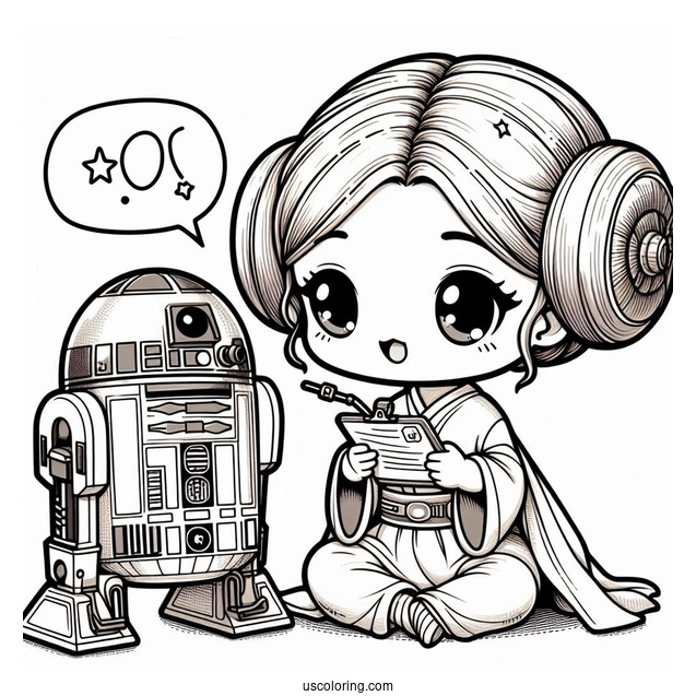 Chibi Princess Leia Recording Message Through R2-D2 Coloring Page