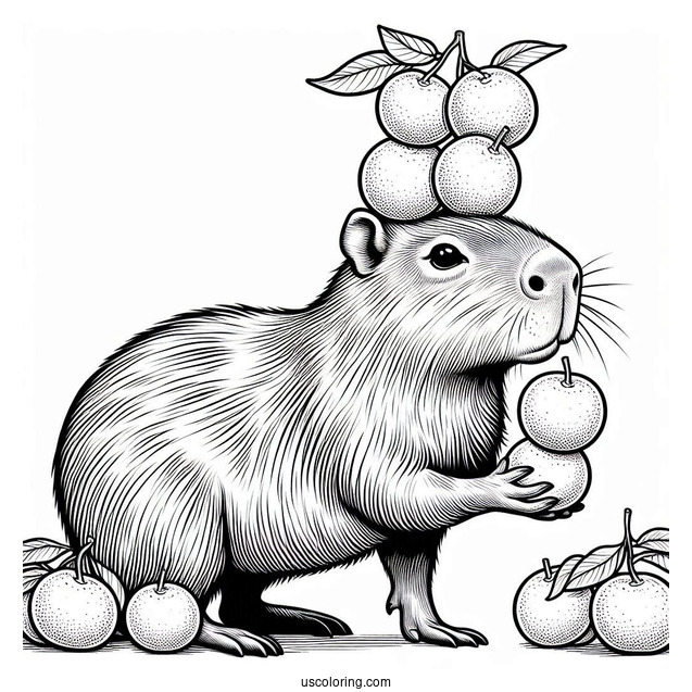 Serious Capybara Coloring Page Balancing Tangerines On Its Head